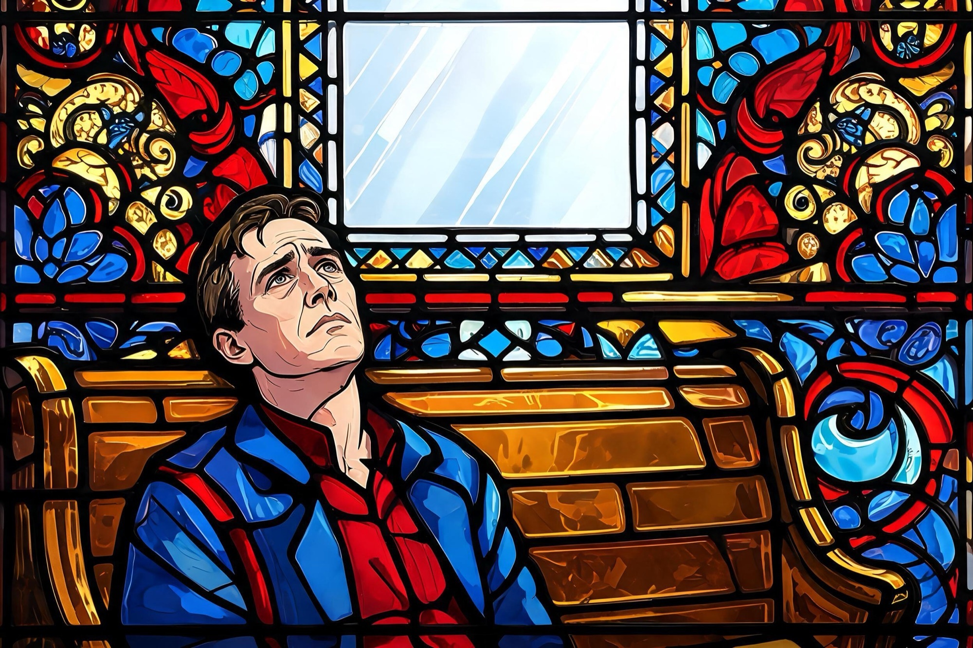 Il·lustració d'estil vitrall: un home en un banc d'església mira un buit al vitrall on hi havia una figura sagrada
