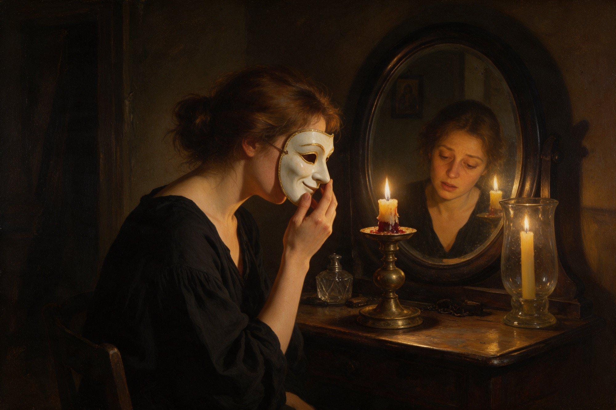 Pintura barroca en clarobscur: una dona davant del mirall es treu una màscara de porcellana somrient i hi apareix la seva expressió vulnerable