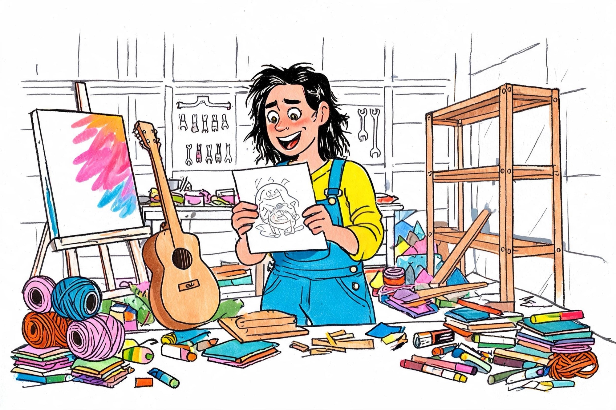 Il·lustració amb retoladors de colors: una dona en un taller envoltada de projectes a mig fer, il·lusionada amb una idea nova però amb un punt de culpa