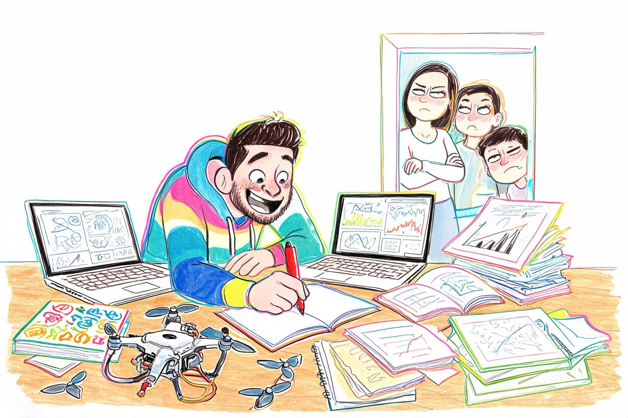 Il·lustració amb retoladors de colors: un home comença un projecte nou en un escriptori ple de projectes abandonats mentre la família el mira des de la porta
