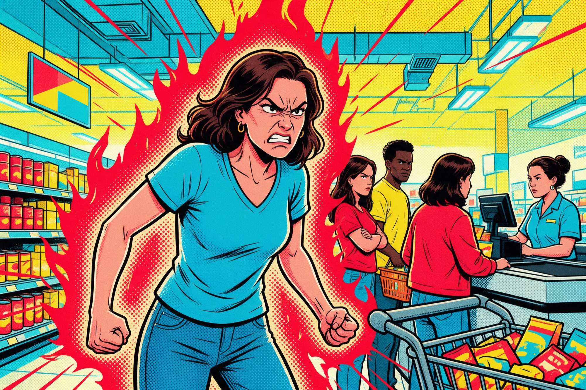 Il·lustració pop art de còmic: una dona furiosa a la cua del supermercat, sorpresa per la intensitat de la seva pròpia ràbia