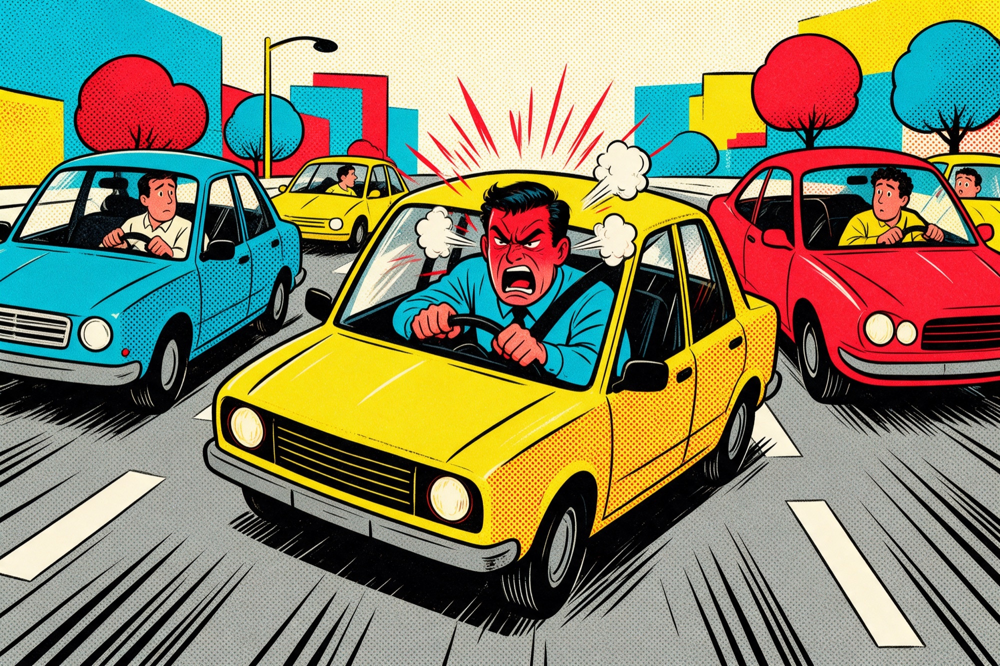 Il·lustració pop art de còmic: un home vermell de ràbia al volant en un petit embús mentre els altres conductors el miren estranyats