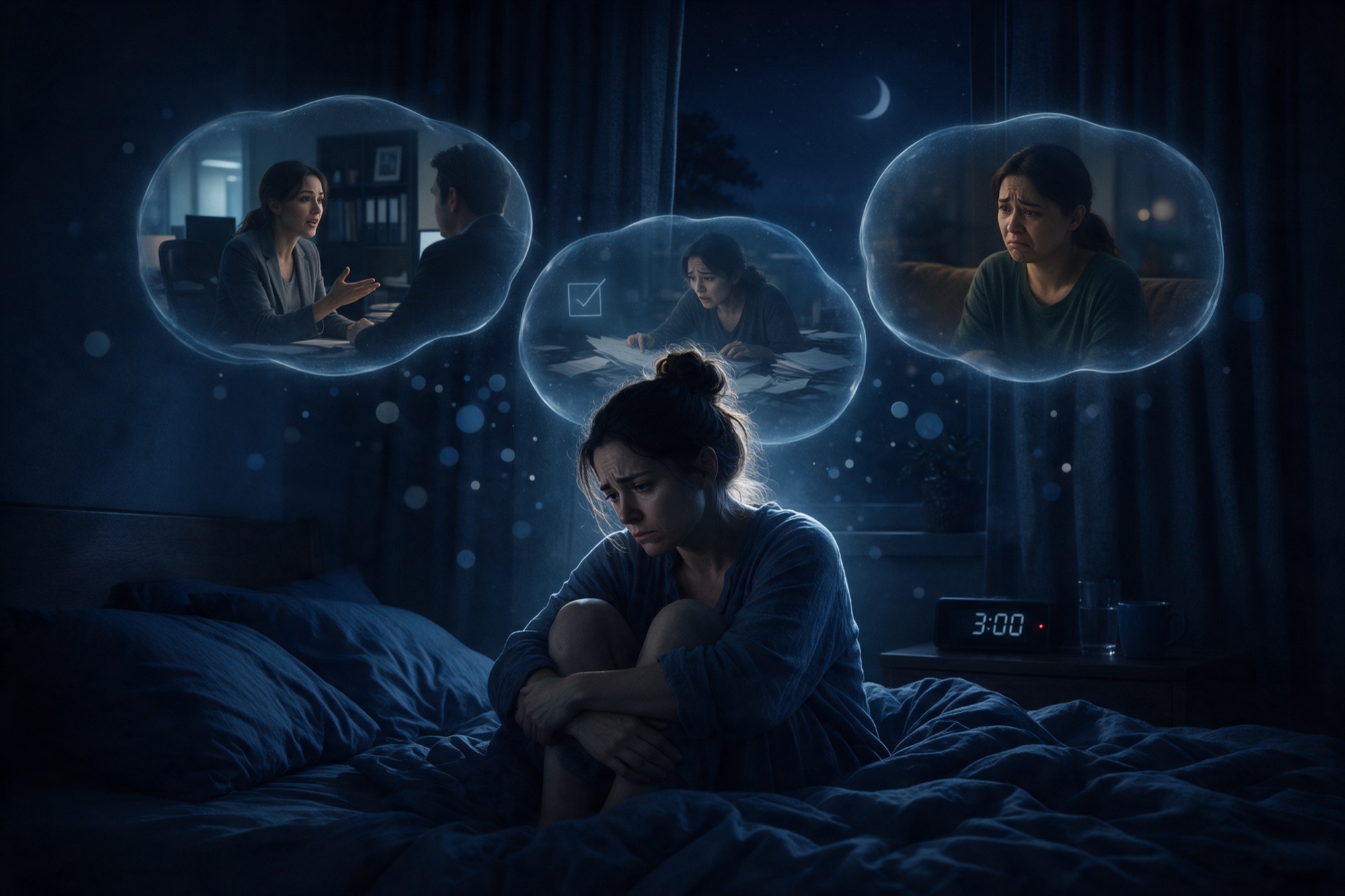 Il·lustració nocturna en tons blau marí: una dona desperta al llit abraçada al coixí mentre escenes del dia es repeteixen damunt seu