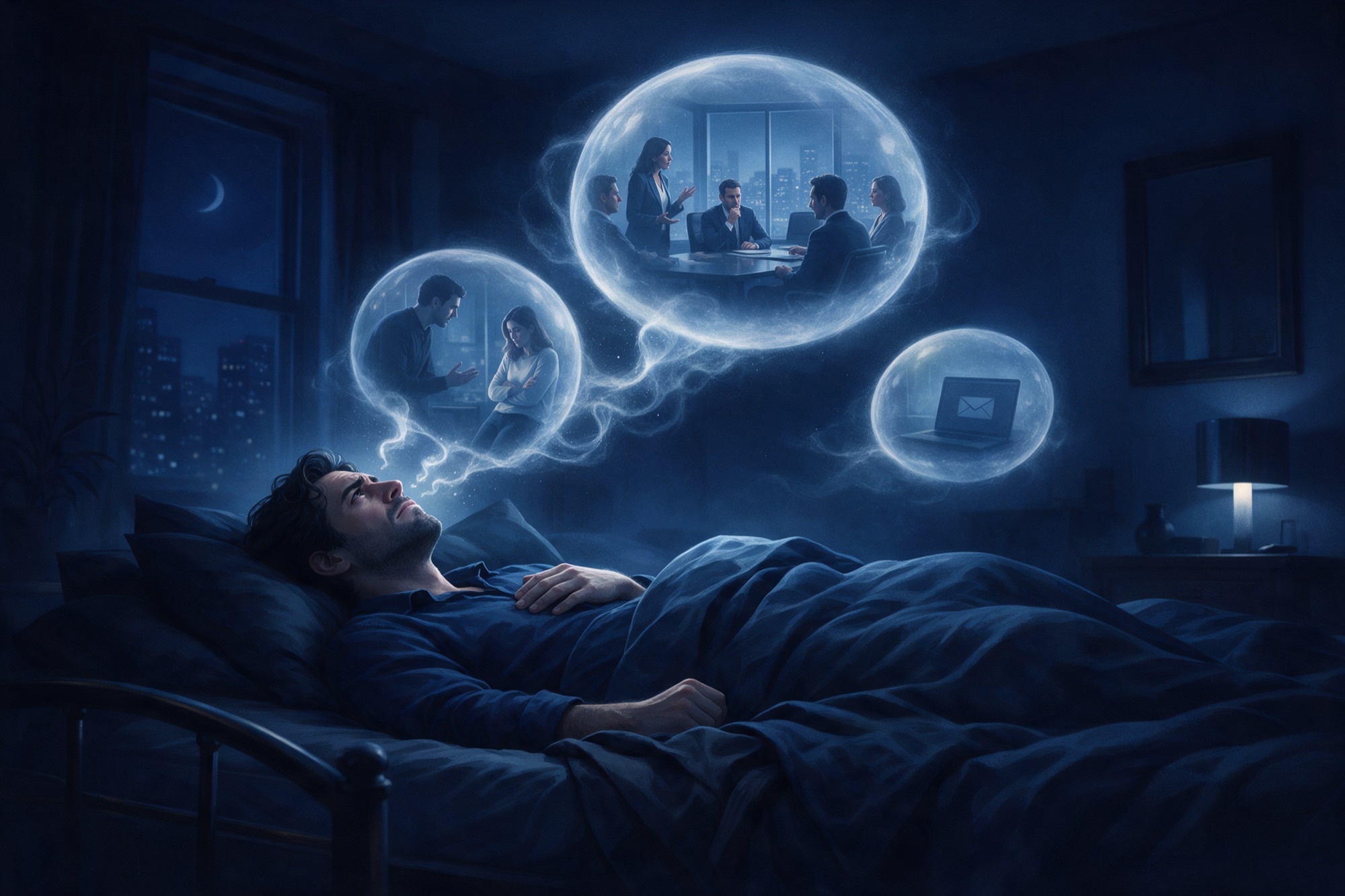 Il·lustració nocturna en tons blau marí: un home despert al llit mira el sostre mentre escenes del seu dia suren al seu voltant