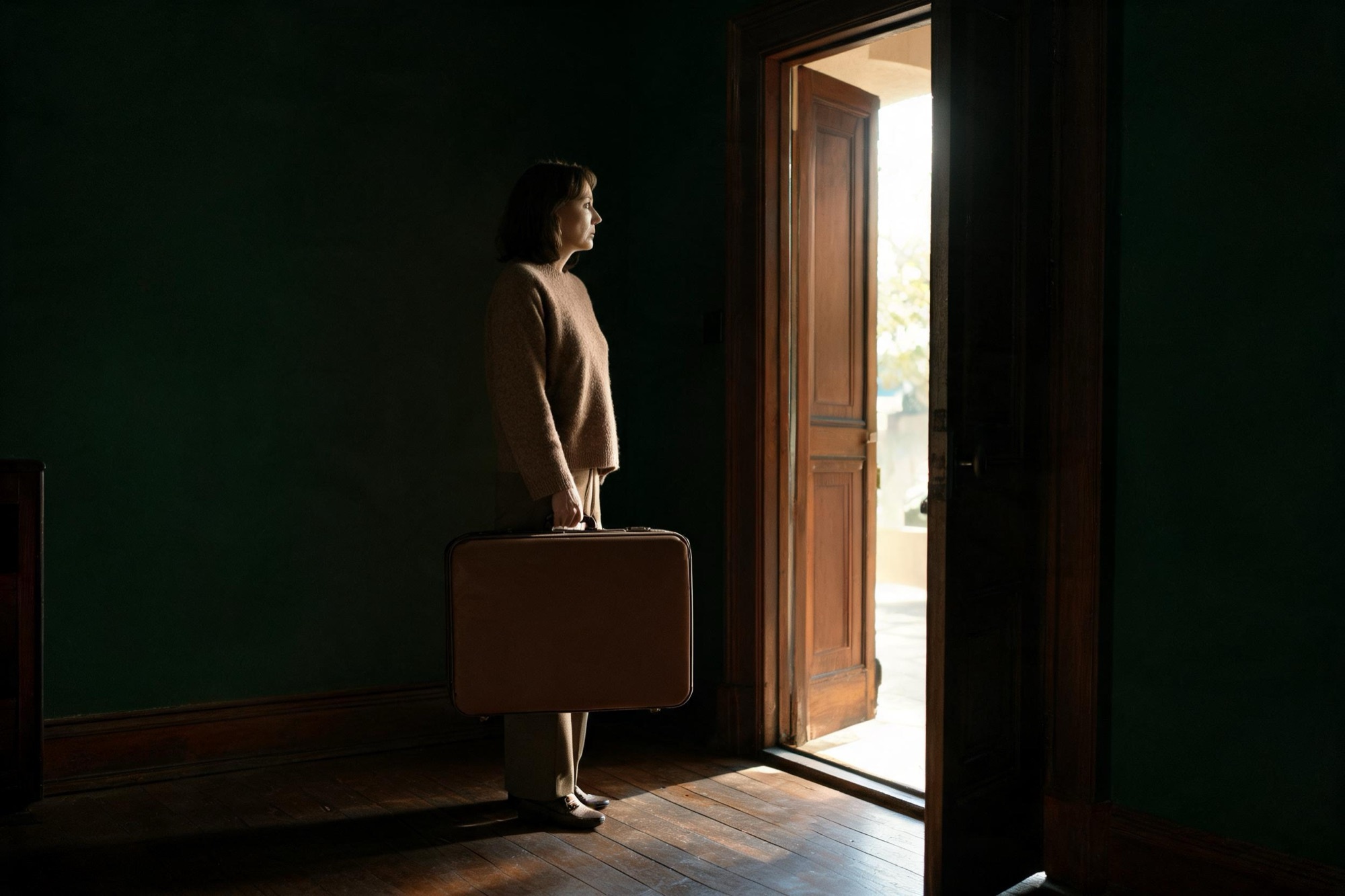 Fotografia conceptual: una dona amb una maleta a la porta oberta cap a la llum, però amb els peus quiets dins de l'habitació