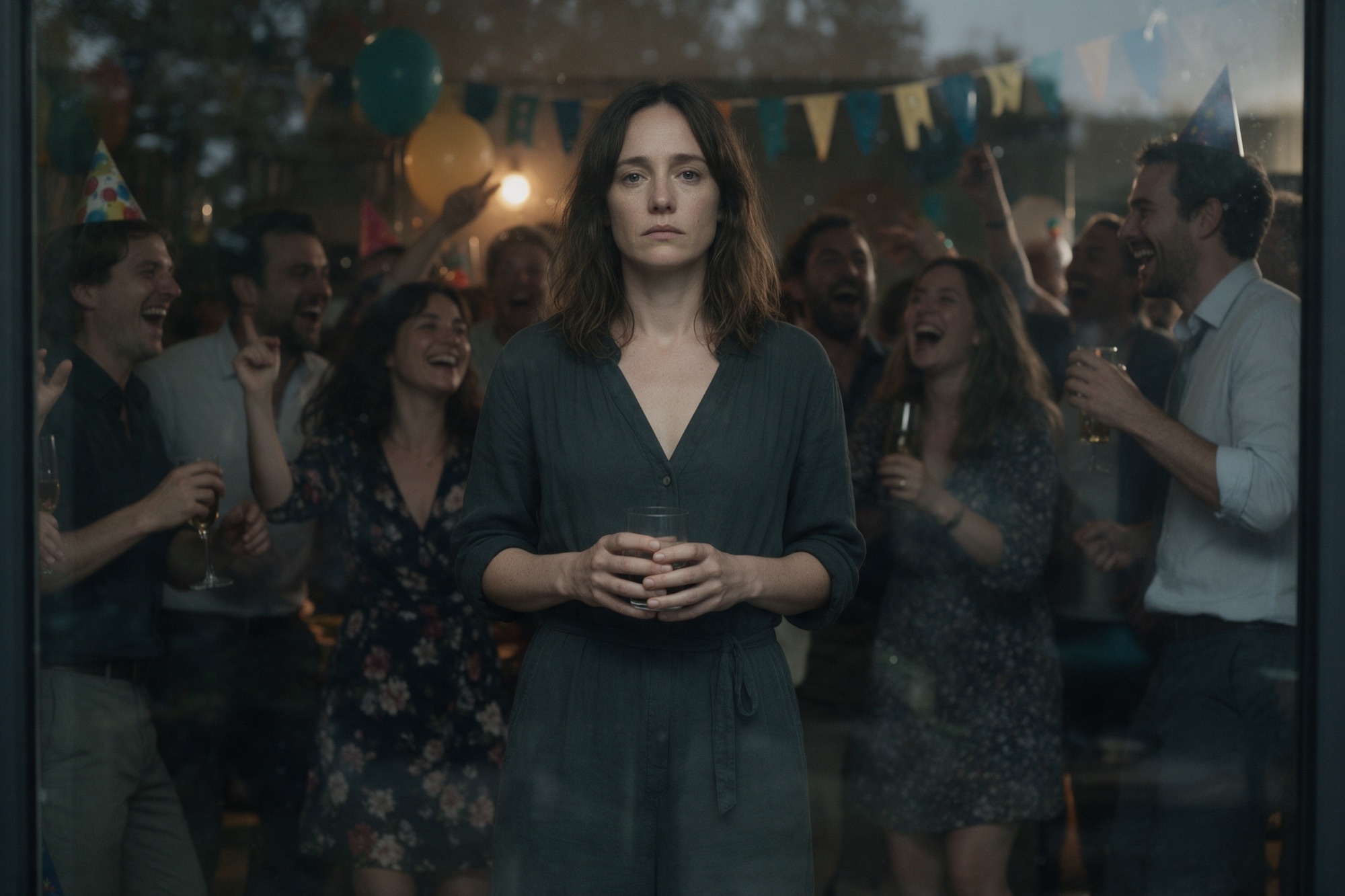Fotografia cinematogràfica dessaturada a través d'un vidre: una dona quieta i inexpressiva enmig d'una festa d'aniversari animada, amb una copa a la mà