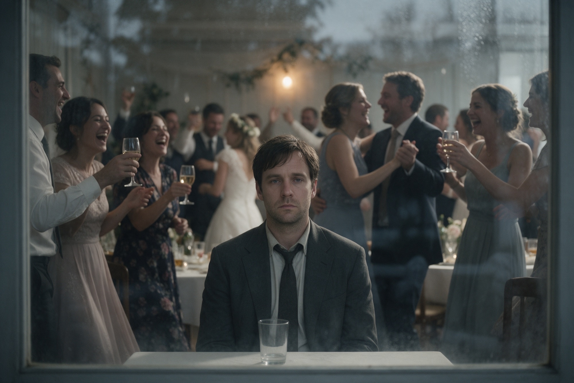 Fotografia cinematogràfica dessaturada a través d'un vidre: un home immòbil i inexpressiu en un banquet de noces mentre tothom riu i balla