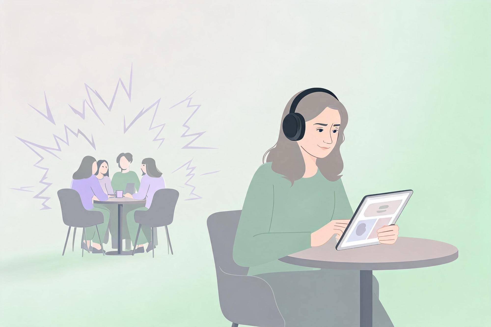 Il·lustració minimalista geomètrica: una dona amb auriculars en un cafè, apartada d'un grup sorollós, llegint sobre autisme a la tauleta