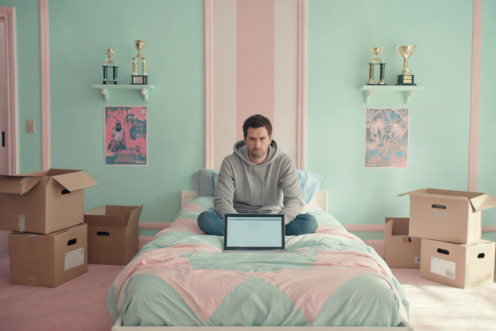 Fotografia cinematogràfica simètrica en tons pastel: un home assegut al llit de la seva habitació d'adolescent amb caixes de mudança i l'ordinador
