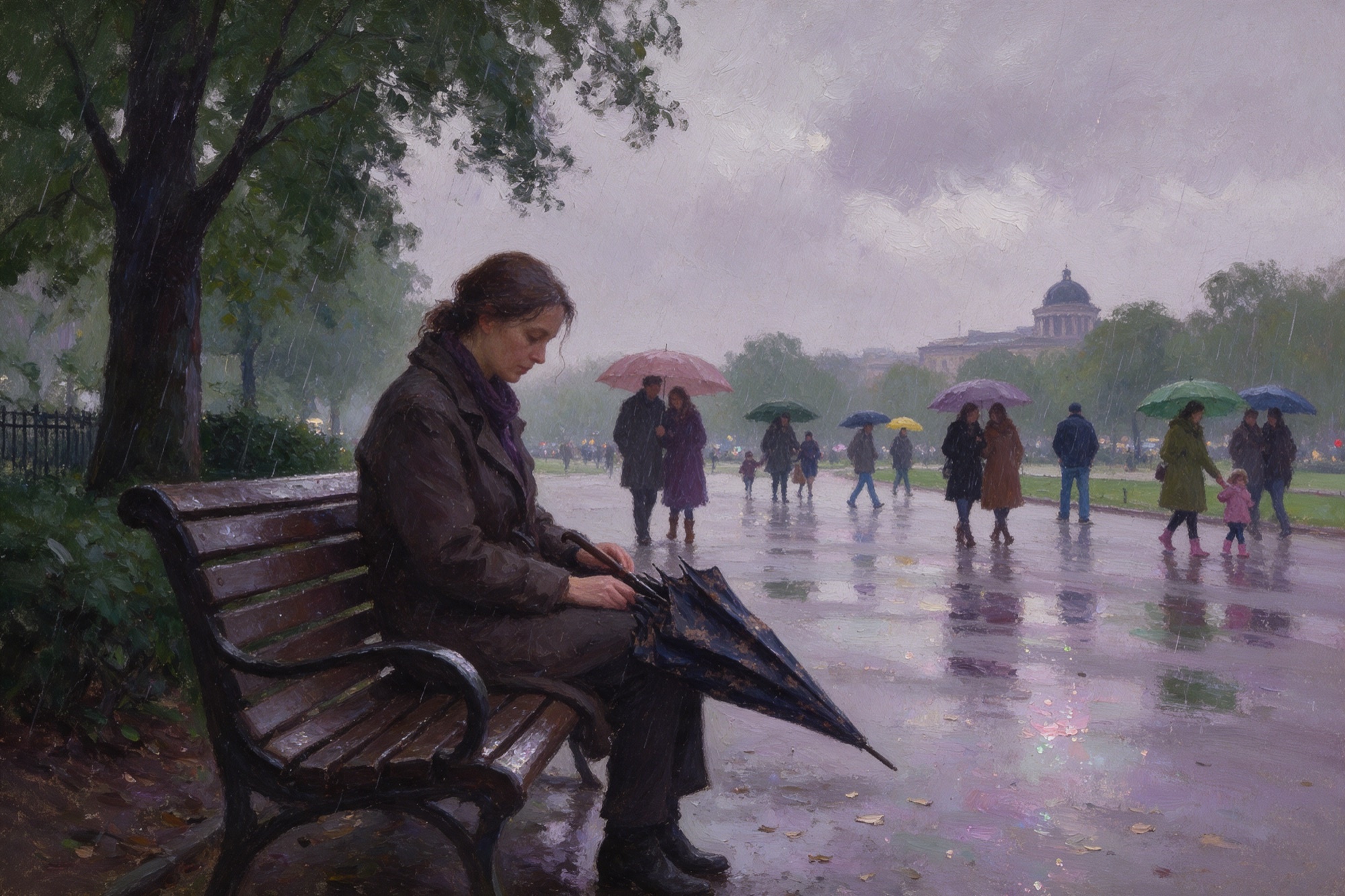 Pintura impressionista a l'oli: una dona en un banc del parc en un dia de pluja, trista, mentre la gent passa amb paraigües de colors