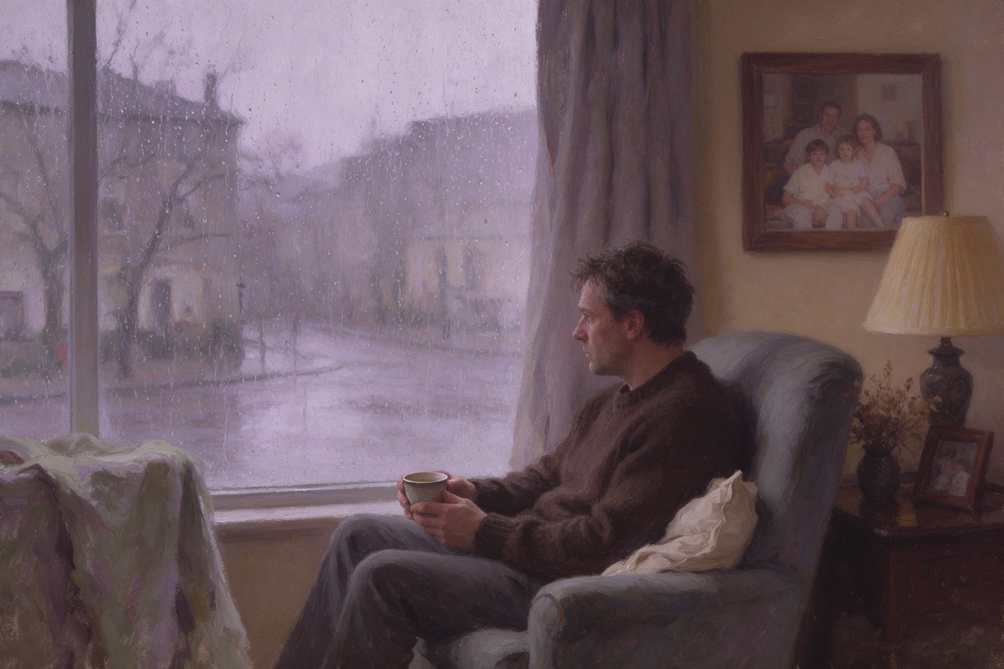 Pintura impressionista a l'oli: un home al costat d'una finestra amb pluja, amb una tassa de te freda a les mans i la mirada trista