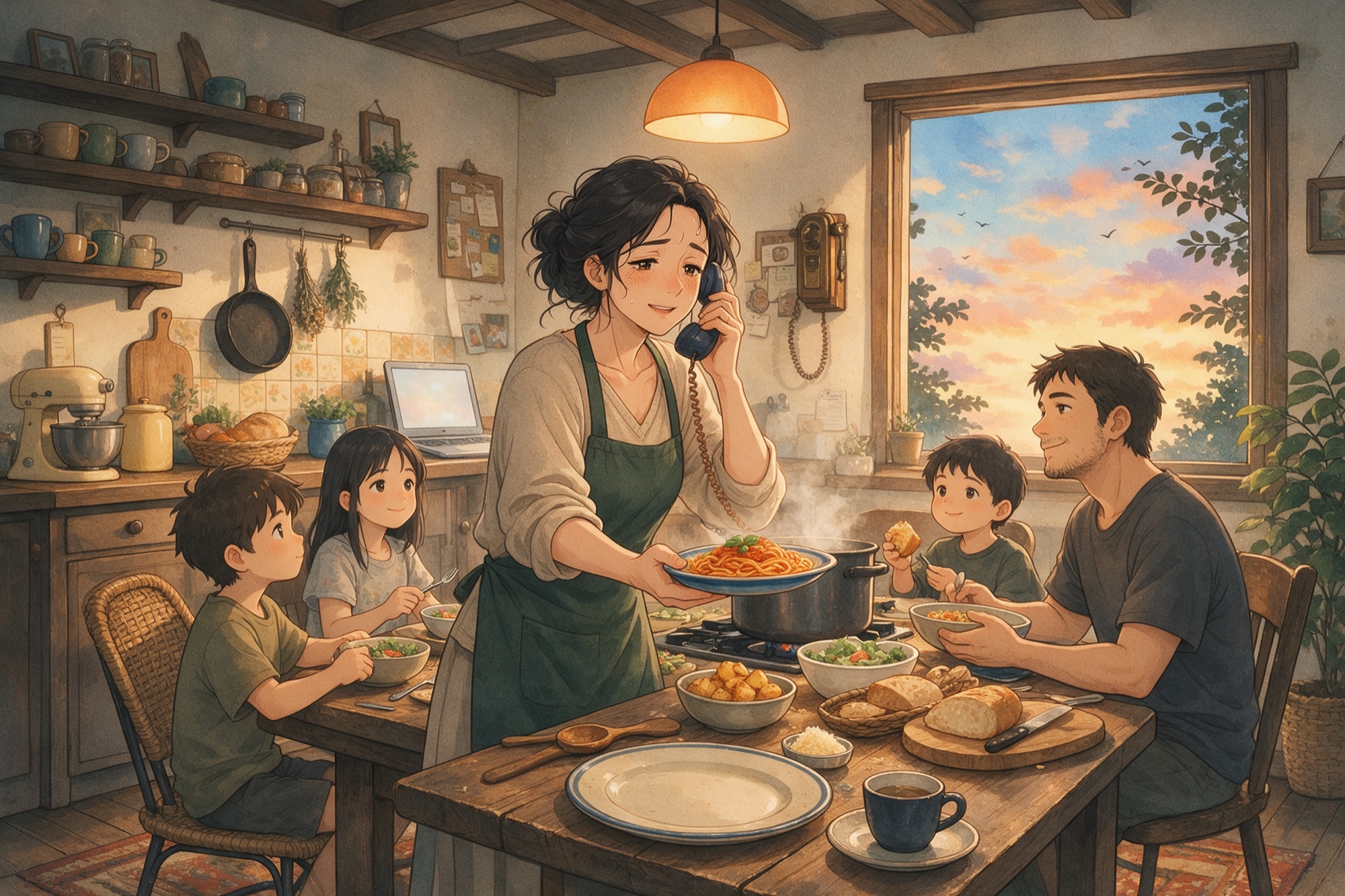 Il·lustració pintada d'estil anime: una dona serveix el sopar a la família i parla per telèfon amb la seva mare mentre el seu plat queda buit i el te es refreda